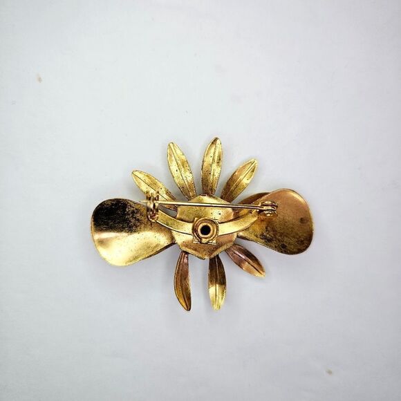 Vintage Sapphire Round Prong Set Rhinestone Gold Tone Floral Daisy Brooch Pin - Picture 6 of 8
